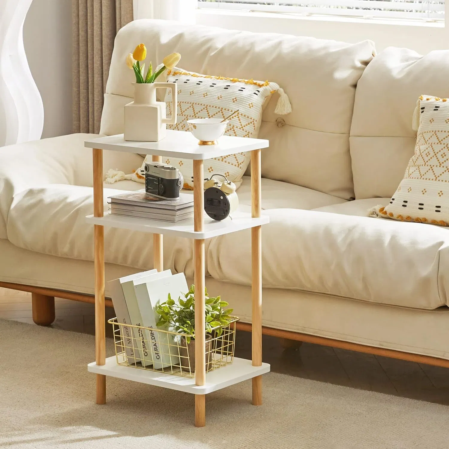Bamboo Household Modern Simple, Bedroom, Living Room, Three-Story White Desktop, Bamboo Shelving
