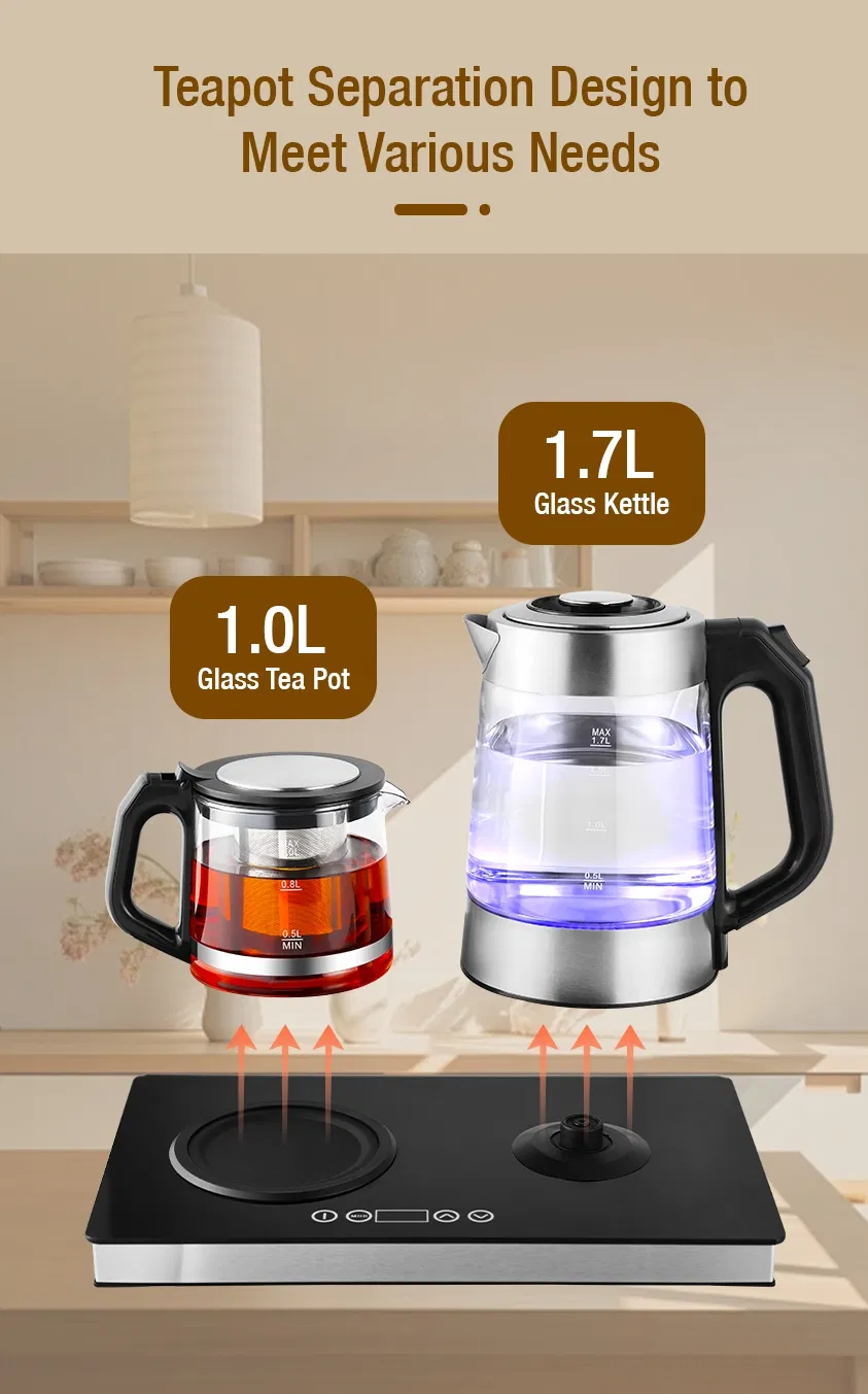 OEM Household Hotel Glass Electric Kettle Tray 1.7L+1L 1800W Keep Warm CB Certified Boil Milk Samovar Tea Maker Machine Tea Pot