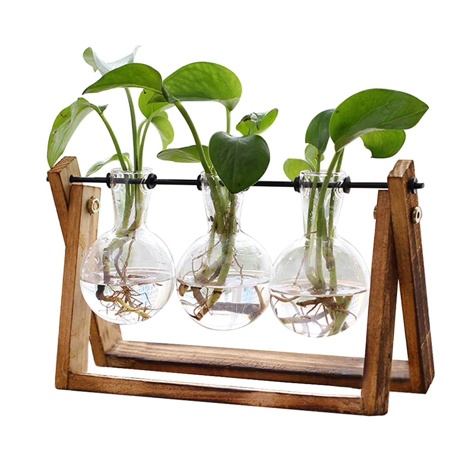 Terrarium Wooden Air Planter Metal Swivel Holder Retro Tabletop Plant Stand