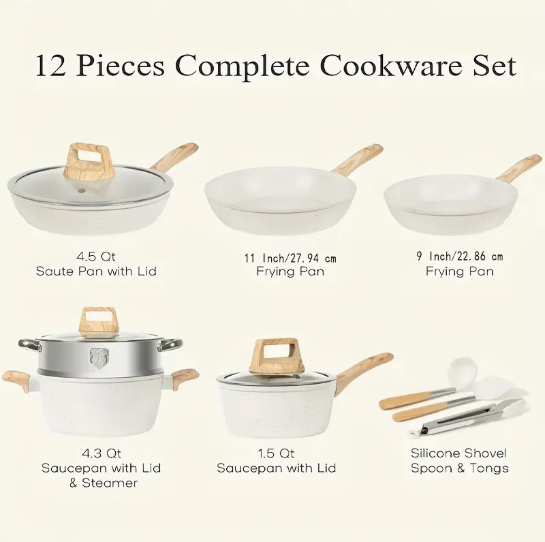 12-Piece Nonstick Cookware Set Healthy Pots and Pans Set, Non-Toxic Kitchen Cooking Set with Silicone Utensil Tools