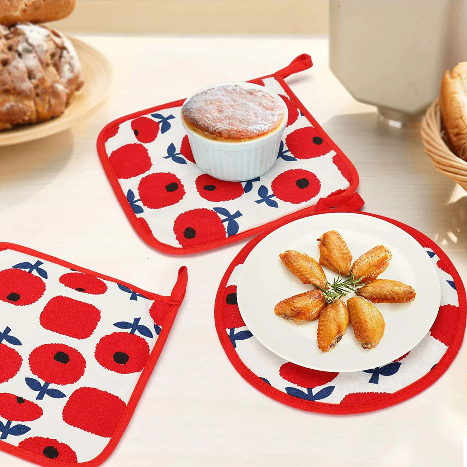 Pure Cotton Non Slip Kitchen Pot Holders and Oven Mitts Set