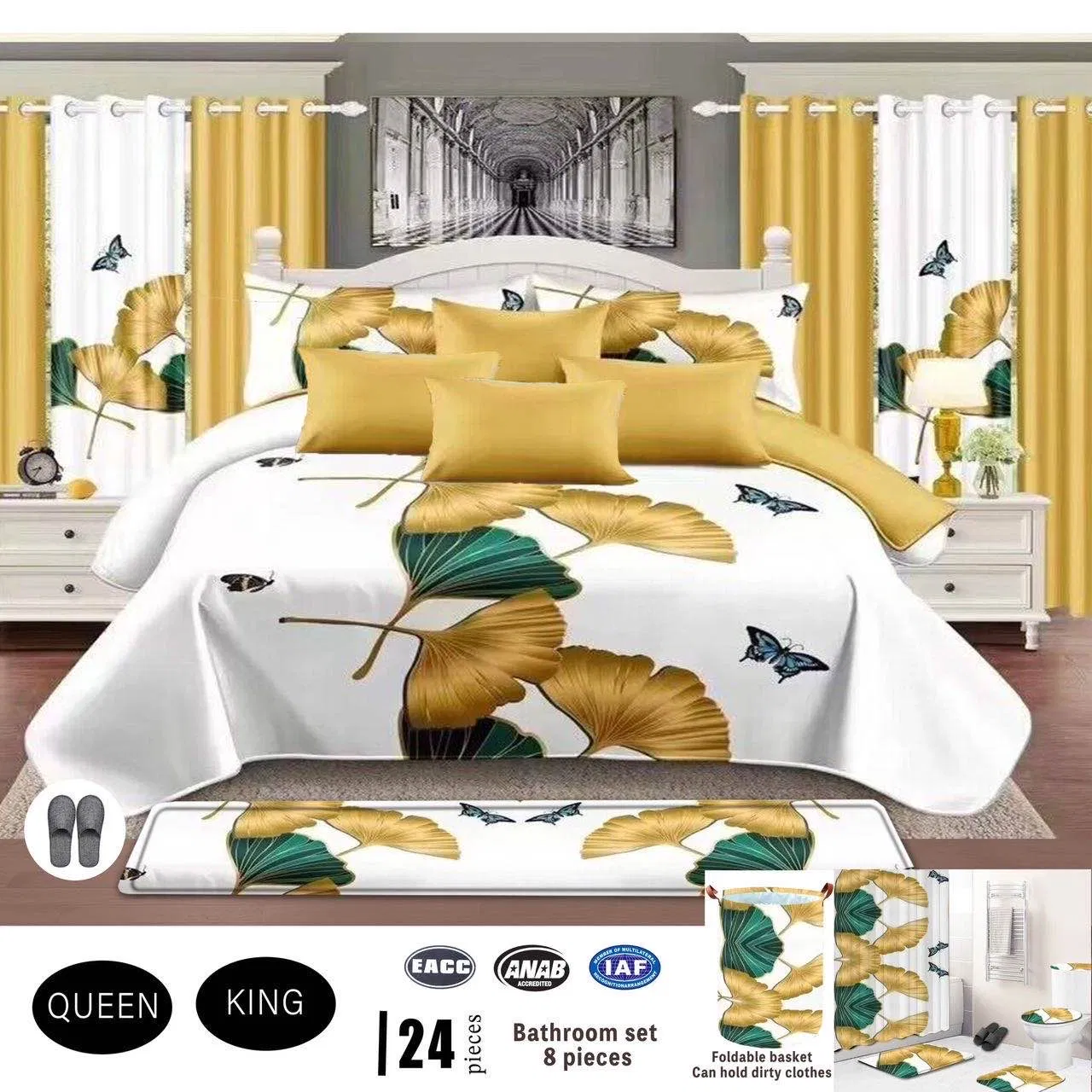 Bathroom 8PCS Suite Printed Quilted Bedding Set Black Polyester Home Hotel Textile 24-Pieces ODM Pillowcases Bedspread with Curtain Supplier