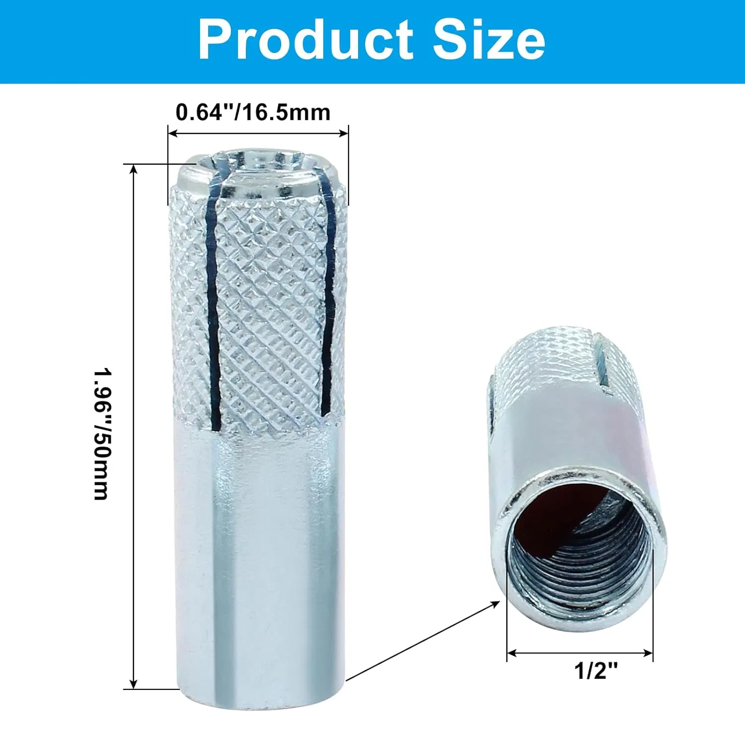 1/2 Inch Drop in Anchors Zinc Plated Carbon Steel Concrete Knurled Internal Forced Expansion Screw Bolts for Home and Construction