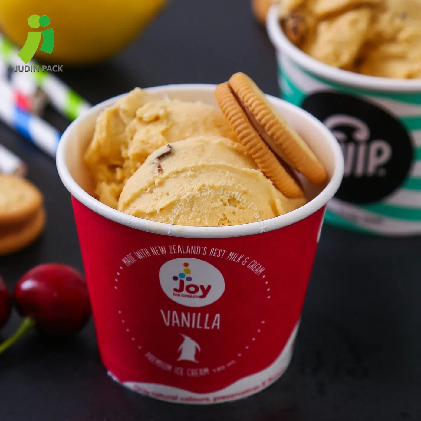 Ice Cream Packaging Cups with Lid Containers-Double PE Coating for Resistance to Leakage