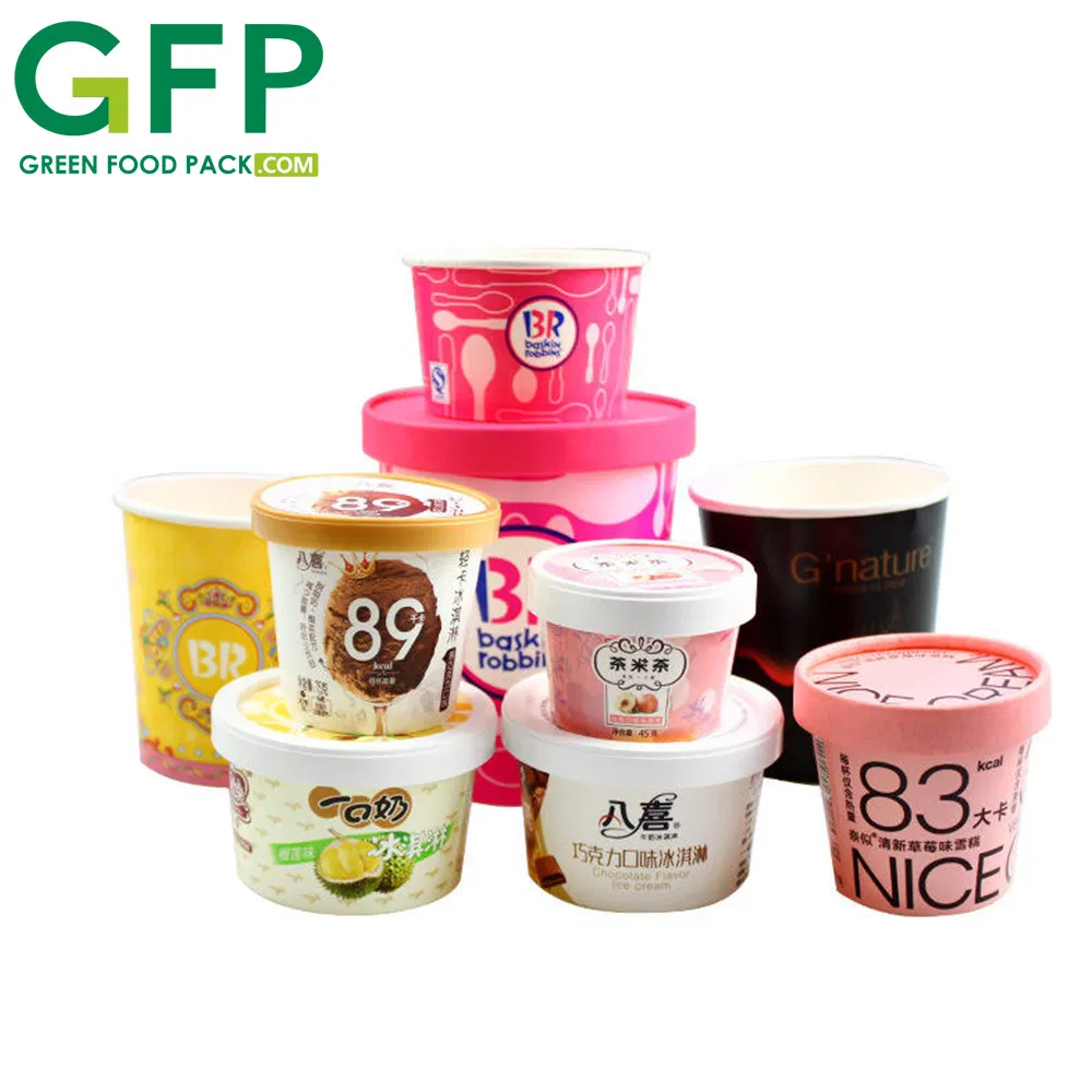Food Grade Custom Printed 3/5/8/16/18 Oz Disposable Ice Cream Paper Cup with Lid and Spoon
