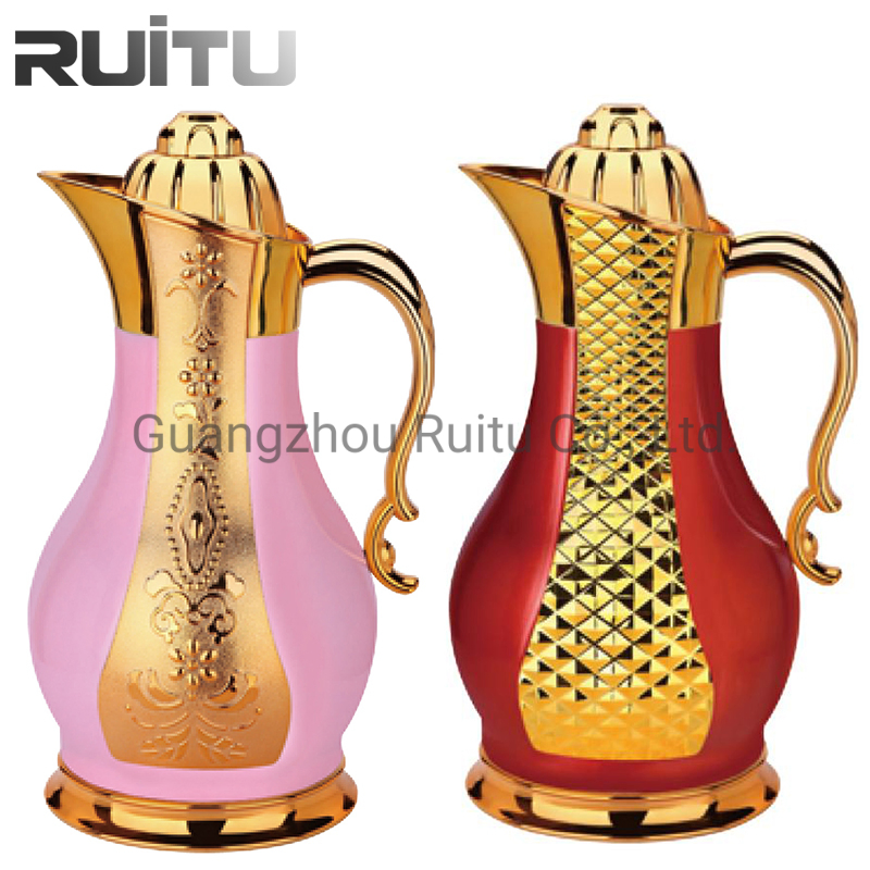 Ruitu Tea Pot Sets Black Gold Modern Saudi Arabian Thermos Coffee Flask Vacuum Pot Jug Metal Body Glass Insert Arabic Coffee Pot Dallah