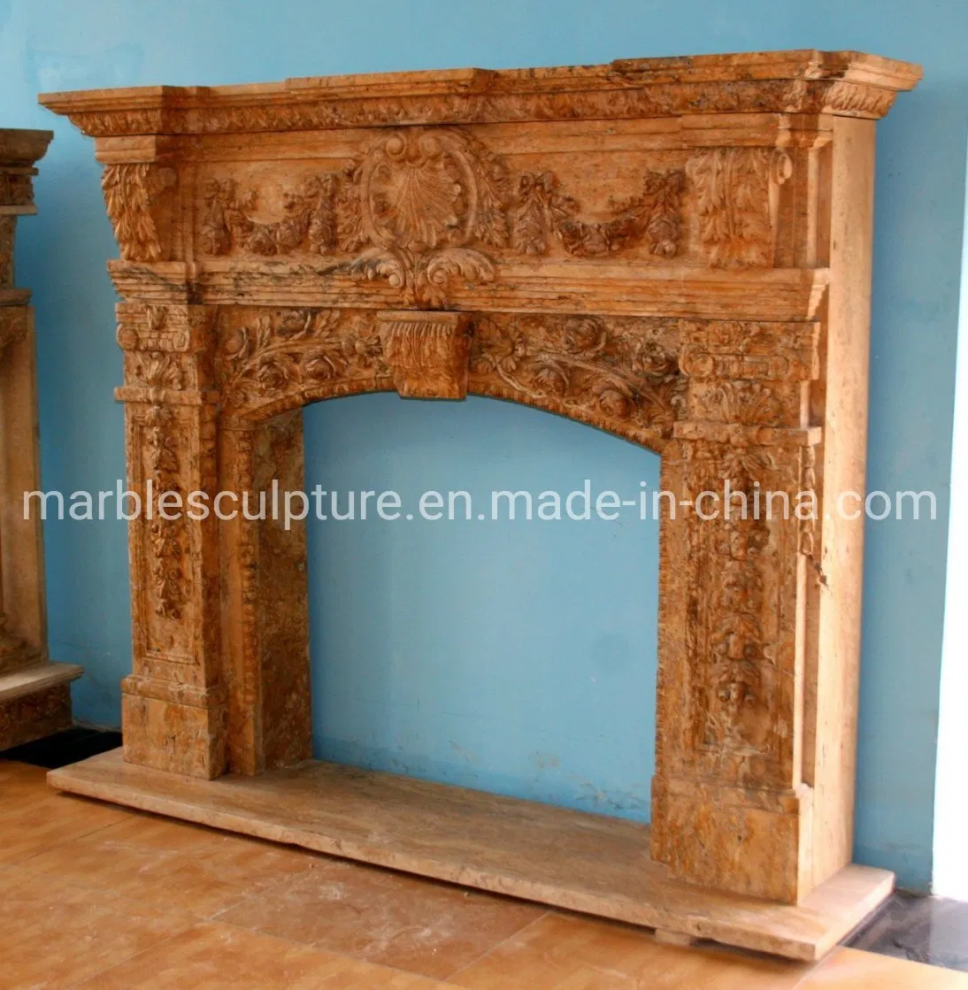 High Quality Hand Carved Stone Fireplace Surround with Flowers (SYMF-242)