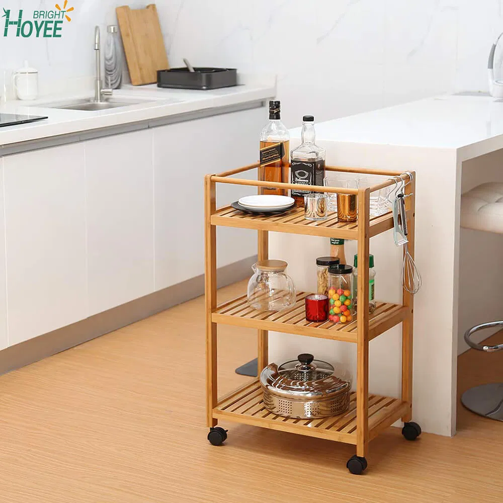Bamboo 3 Tier Rolling Utility Service Cart Storage Shelf with Removable Hooks and Lockable Wheels