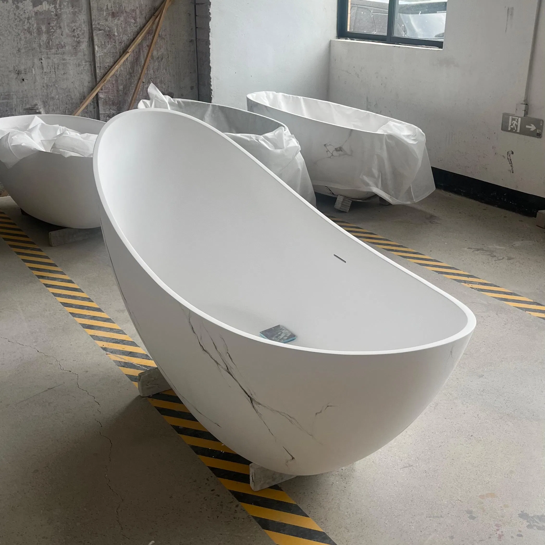 High-End Freestanding Bathroom Bathtub Customized Marble Texture Cultured Composite Stone Solid Surface Soaking Pedestal Tub