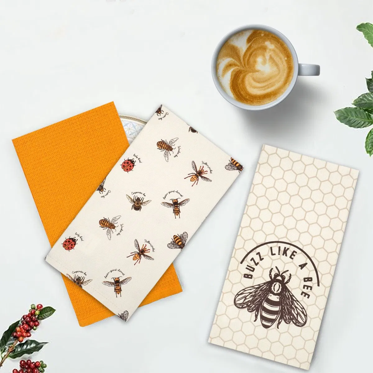 Custom Printed Logo Super Absorbent Fast Dry Wholesale Bee Cotton Cleaning Hand Tea Towel