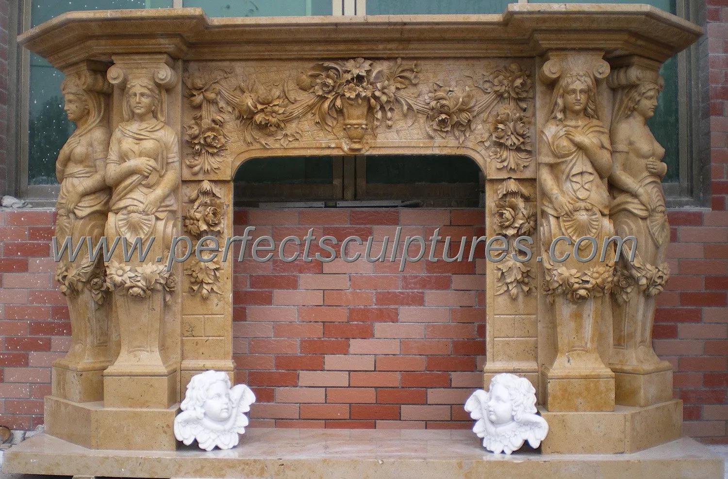 Two Sided Statuary Marble Fireplace Mantel with Carved Flower (QY-LS303)
