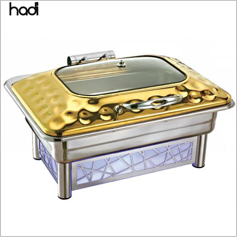 Wholesale 9L Stainless Steel Rectangle Hydraulic Top Buffet Equipment Electric Catering Chafing Dish Glass Cover with LED Light