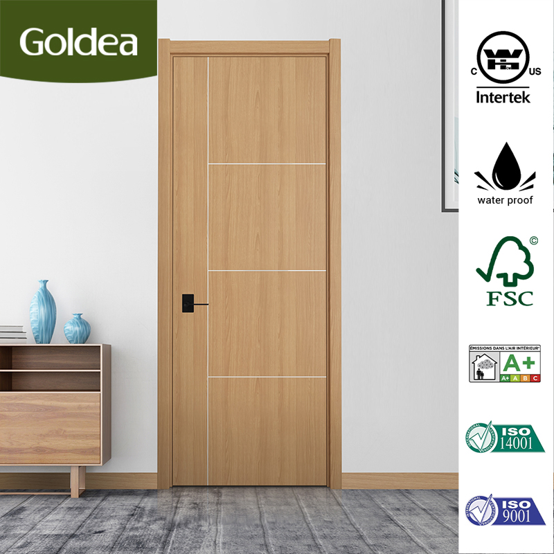ODM European Style Finished China MDF PVC Bypass Interior Hotel Toilet Wooden Front Door with Metal Strips Inlay Design