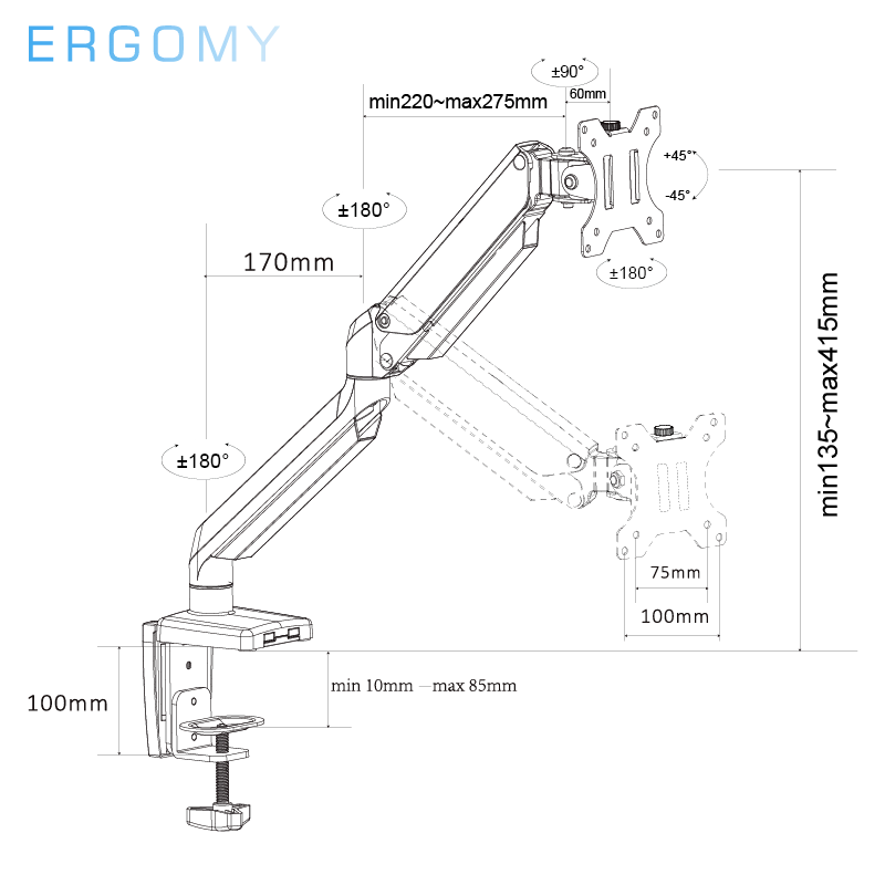 AG8-21 Quick Installation Stable Andflexible Single Aluminum Monitor Mount Arm for PC Other Computer Accessories