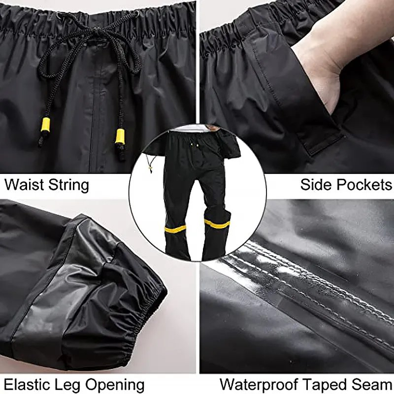 Black Jacket Trousers Waterproof Nylon PVC Coated Reflective Raincoat