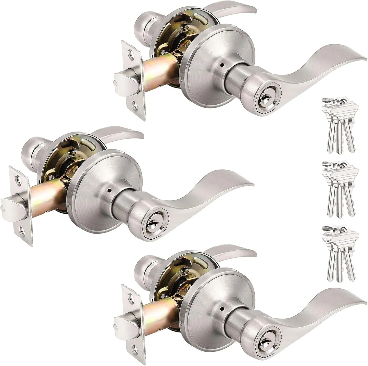(Silver) Nickel-Plated Wave-Style Key Rod, Three-Rod Ball Door Handle Lock