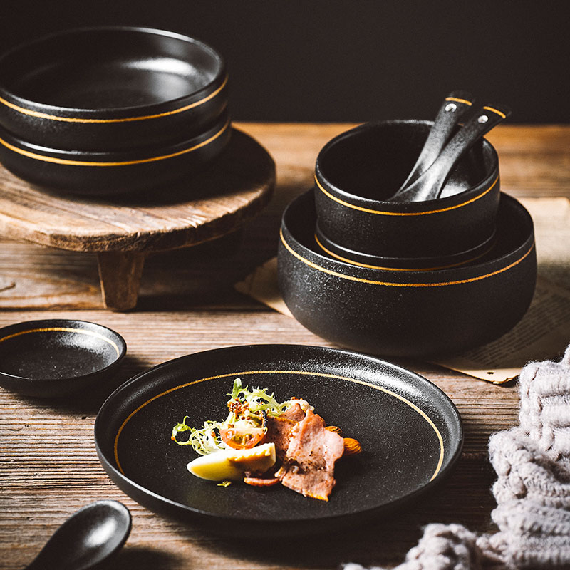Nordic Luxury Dinner Tableware Black Ceramic Round Soup Rice Salad Bowl