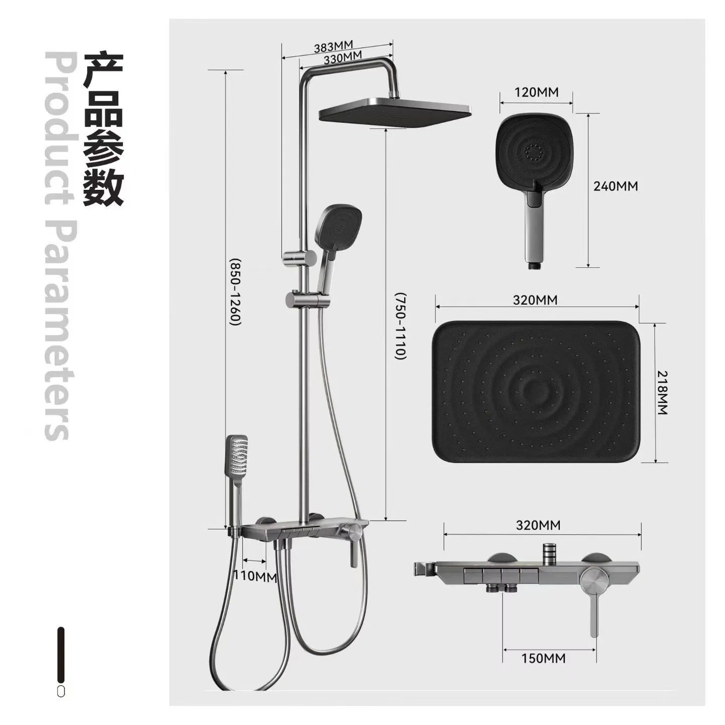 Bathroom Faucet Hot Cold Tap Round Bath Gunmetal Gray Shower Set