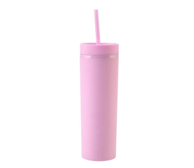 Colorful Double Wall 16oz Skinny Frosted BPA Free Tumbler Straw Plastic Water Bottle