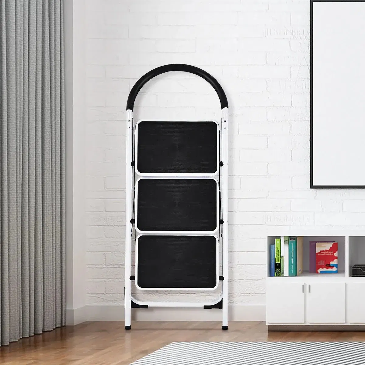 3 Steps Folding Step Ladder Household Ladder Folding Steel Ladder with Handrail and Non-Slip Wide Pedal Maximum Load 150