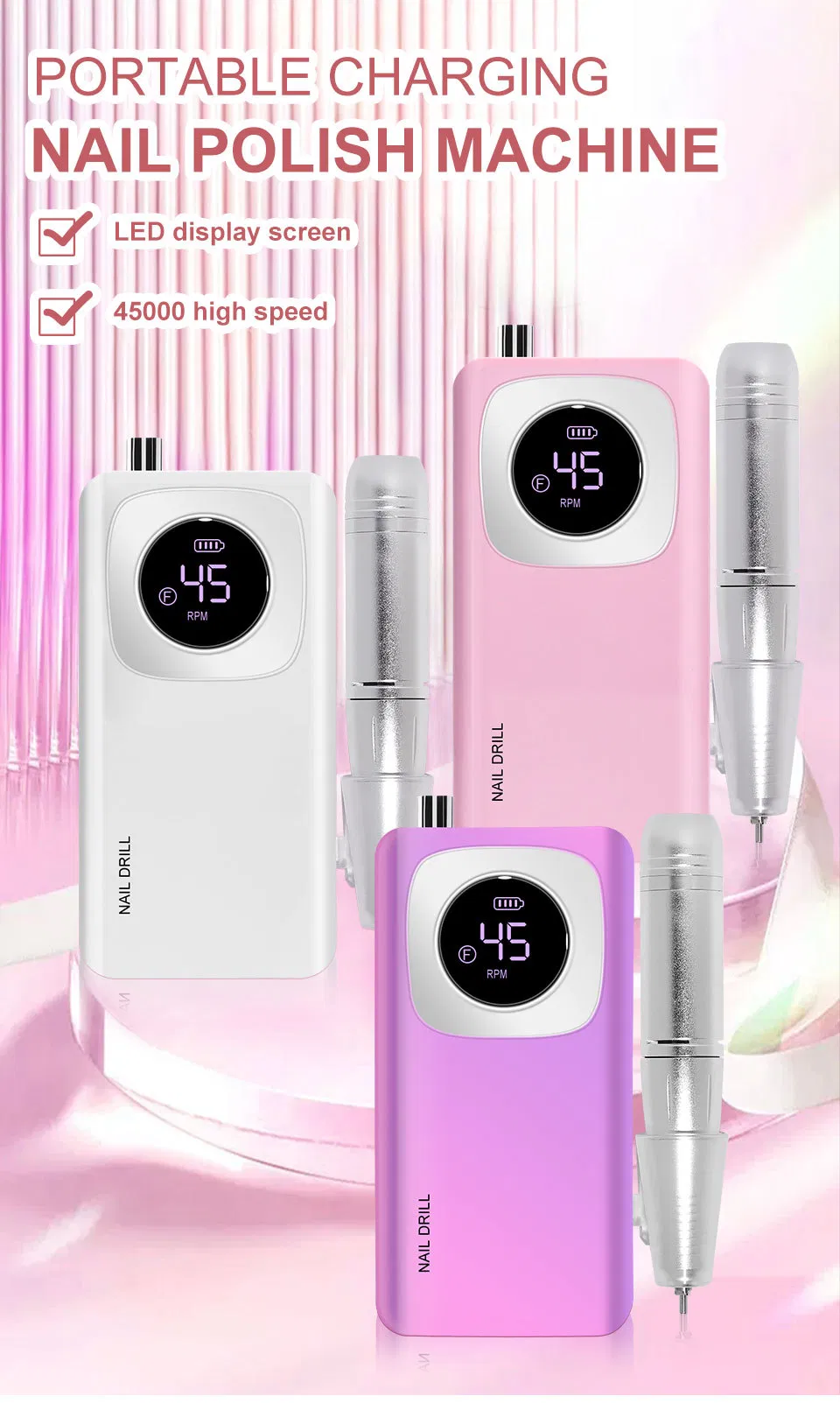 New 45000rpm Multi-Color Portable Nail Drill Machine Electric Nail Drill Set