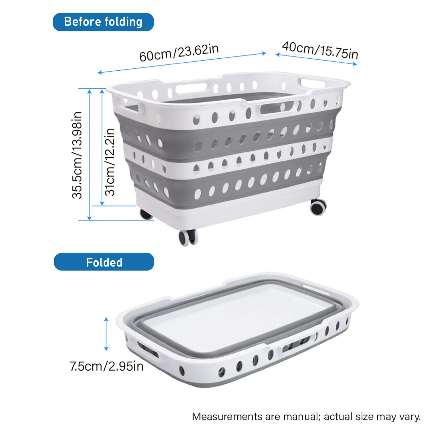 43L Gray Plastic Rectangle Storage Baskets for Toys Clothing and Laundry with Wheel Basket