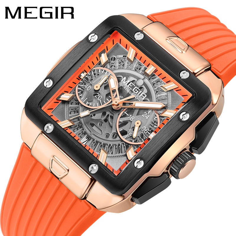 Megir 2228g New Square Men's Silicone Strap Multi-Functional Timing Sports Quartz Watch