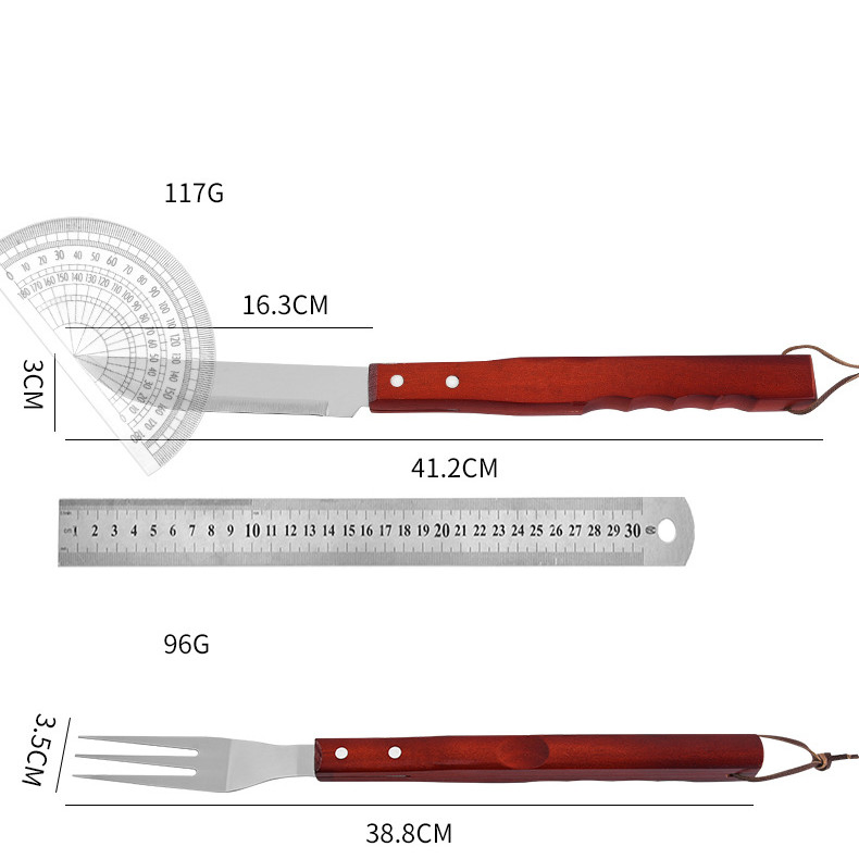 Wholesale Multifunctional Portable Grill Set Stainless Steel Wooden Handle Steak Knife, Fork and Spoon BBQ Tools Set