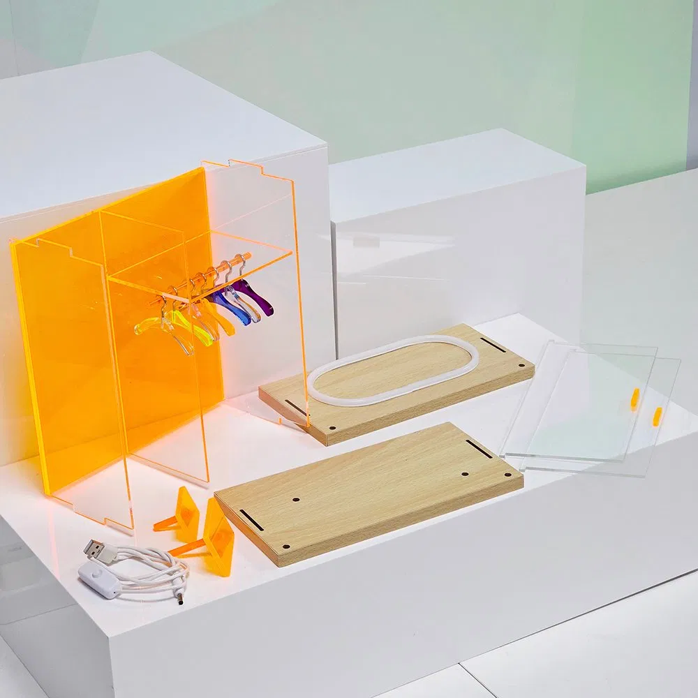 Clear Acrylic Languo Modern Customizable Clothing Display Case with Light and Wooden Base