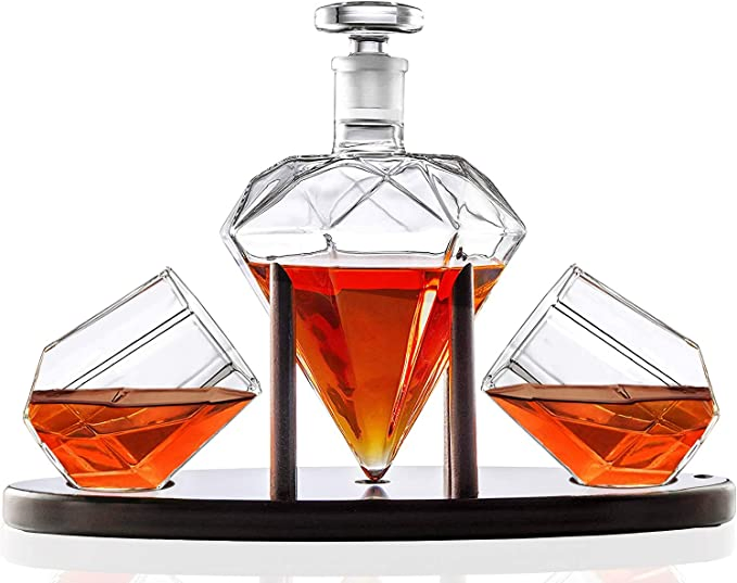 Whiskey Decanter Diamond Shaped with 2 Diamond Glasses & Mahogany Wooden Holder – Elegant Handcrafted Crafted Glass Decanter for Liquor