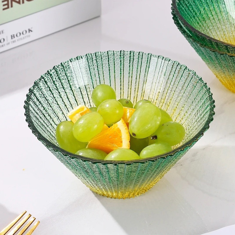 Relief Stripe Gradient Salad Bowl Yellow Green Colored Glassware Fruit Glass Bowl