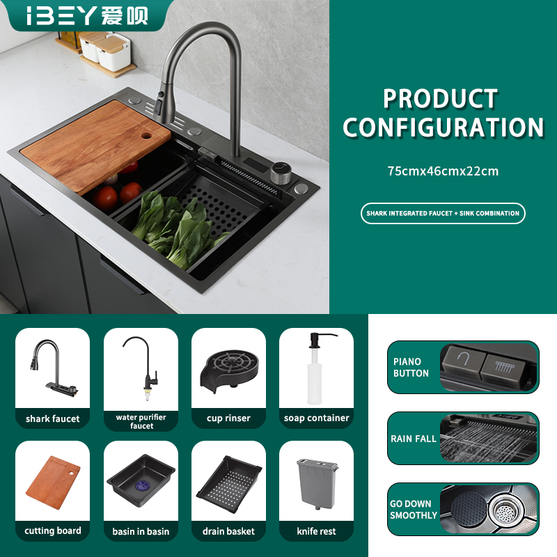 Modern Stainless Steel Kitchen Sink Featuring Waterfall Design and Temp Control