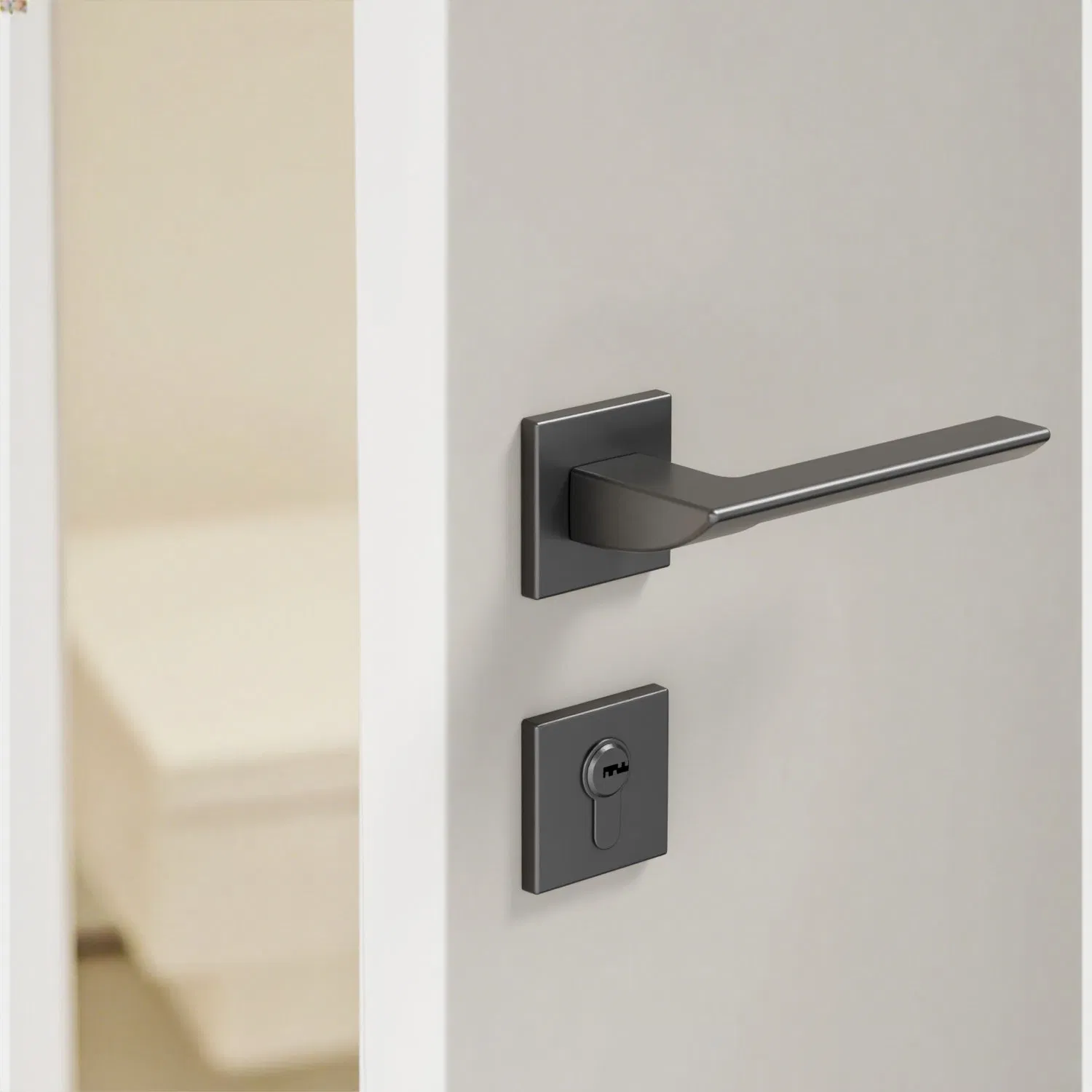 Customized Modern Gunmetal Slim Zinc Alloy Lever Door Handle on Square Rosette for Interior Wooden Doors From Chinese Factory Supplier