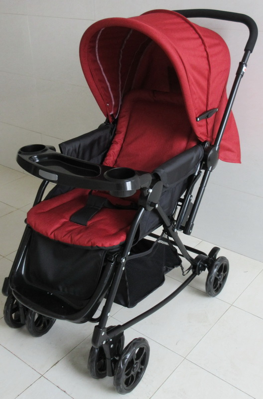 Red Pink Reverse Baby Stroller with Tray Folding Portable Baby Stroller