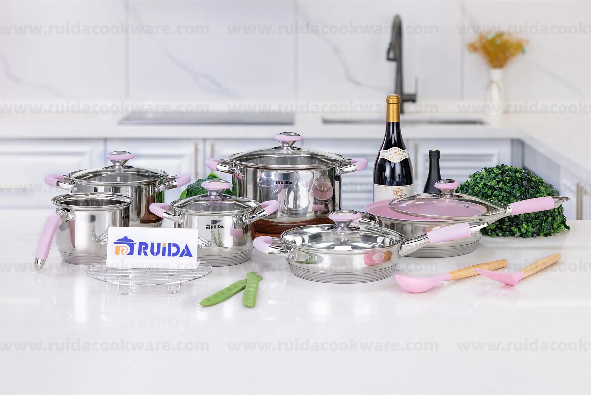 New Arrival Stainless Steel 14PCS Cookware Set with Customized Color Silicone Handle