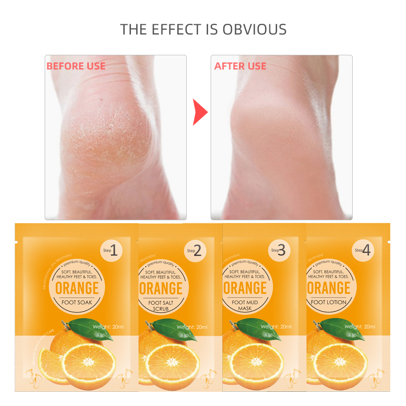 Wholesale Price Peeling off Feet Care Set Customize Logo Orange 4 in 1 Pedicure Foot Soak Salt Moisturizing Exfoliating Scrub
