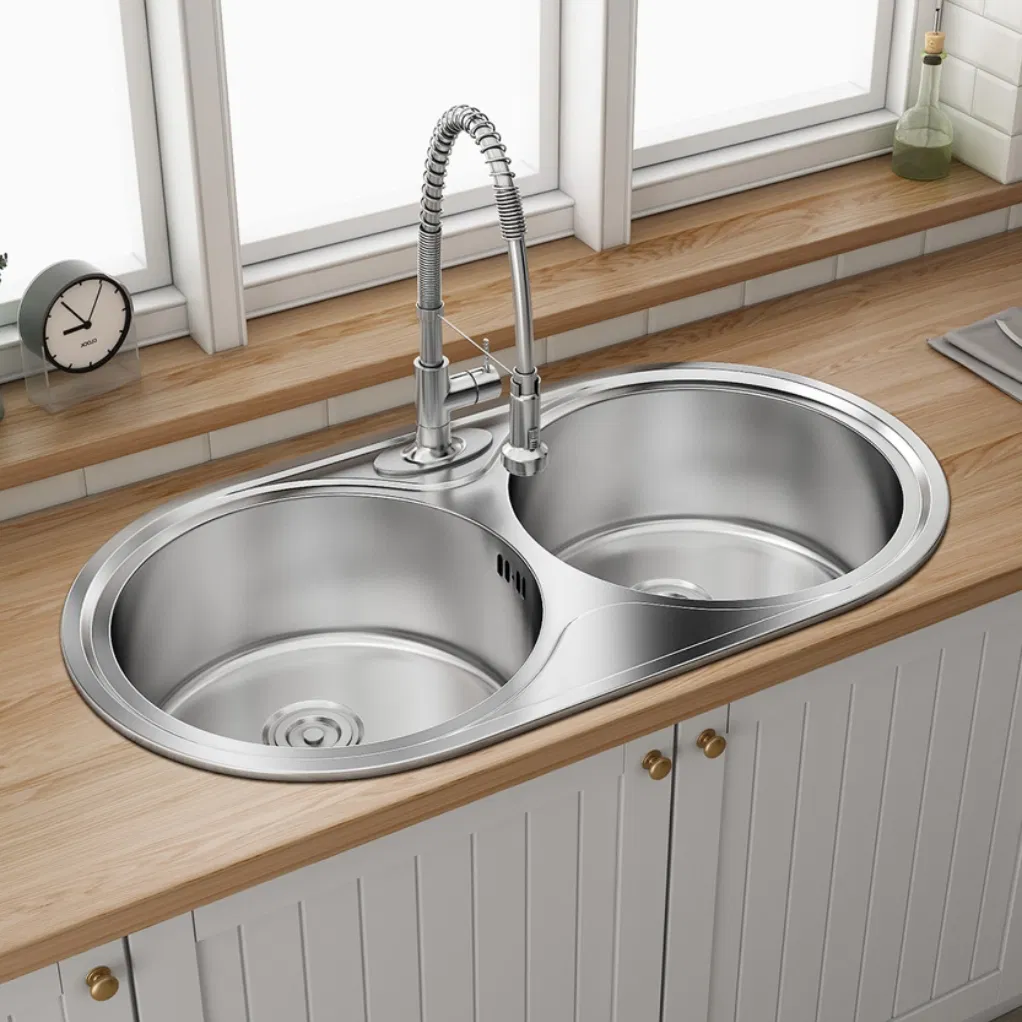 Stylish Double Bowl Round Satin/Matt Kitchen Sink in Premium Stainless Steel Design with CE and ISO9001, 14001 (BL-831)