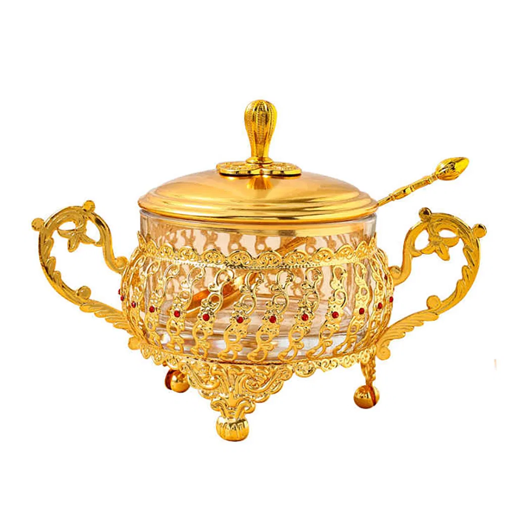 Сахарница с крышкой и ложкой, золотая, 15 см