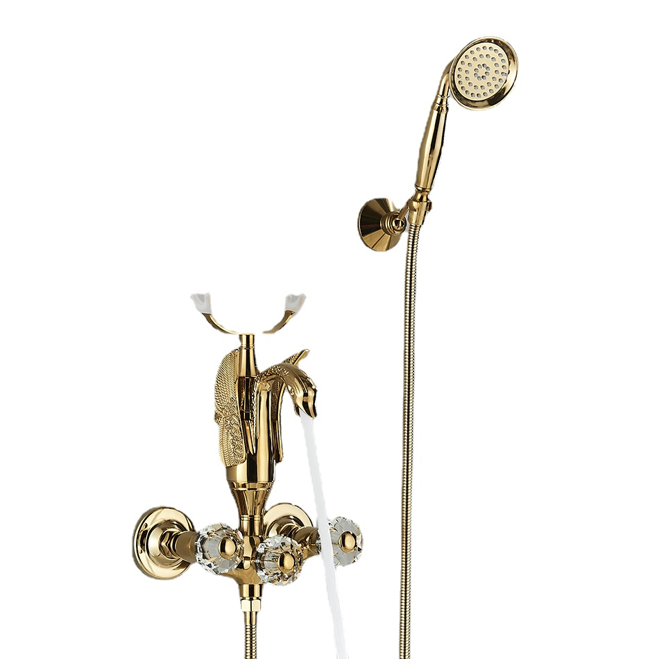 Golden Bathroom Swan Bathtub Faucet Wall Mounted Cold Hot Luxury Shower Set Brass