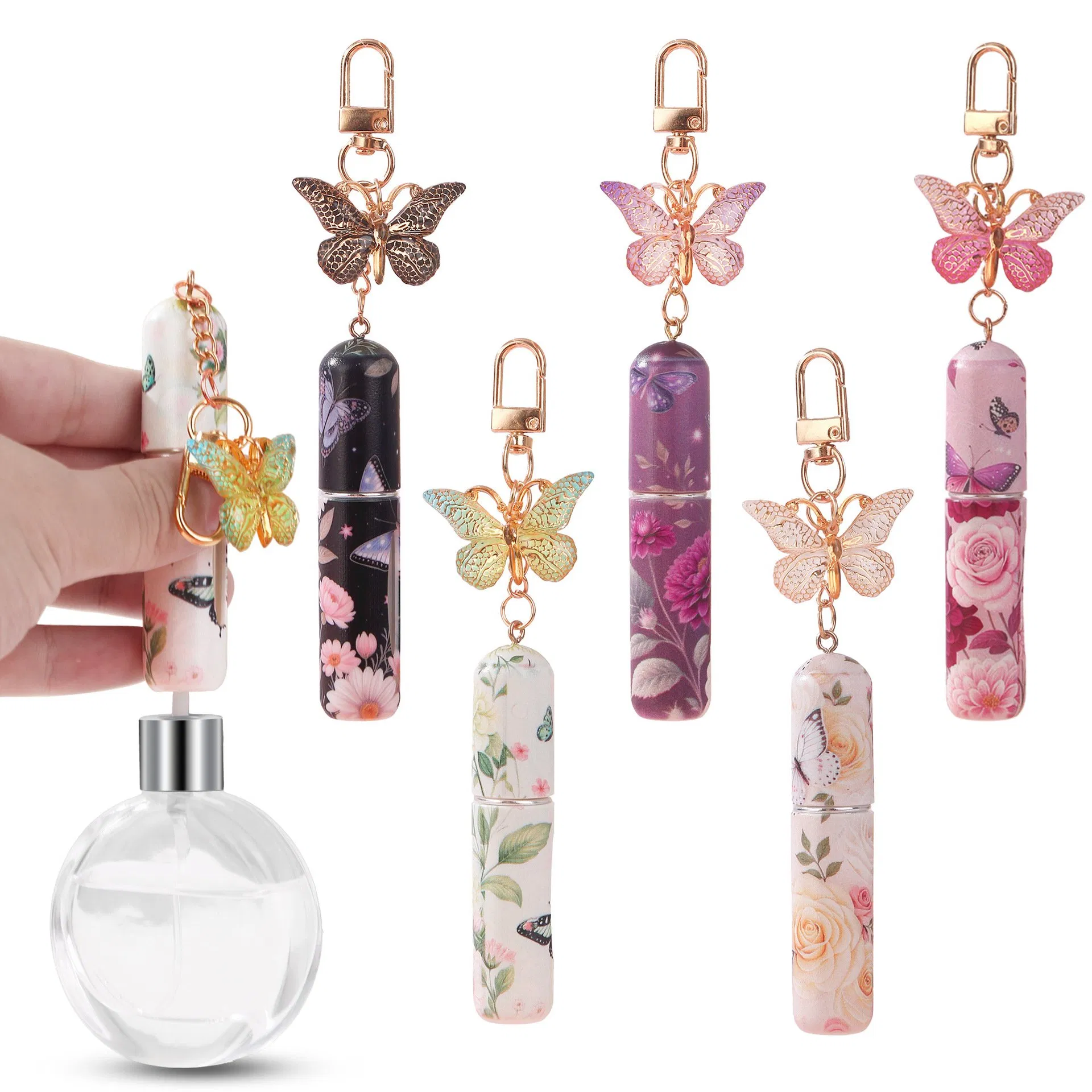 5ml Mini Tester Travel Pocket Refillable Twist up Dispenser Spray Fragrance Perfume Atomizer Bottle with Butterfly Keychain