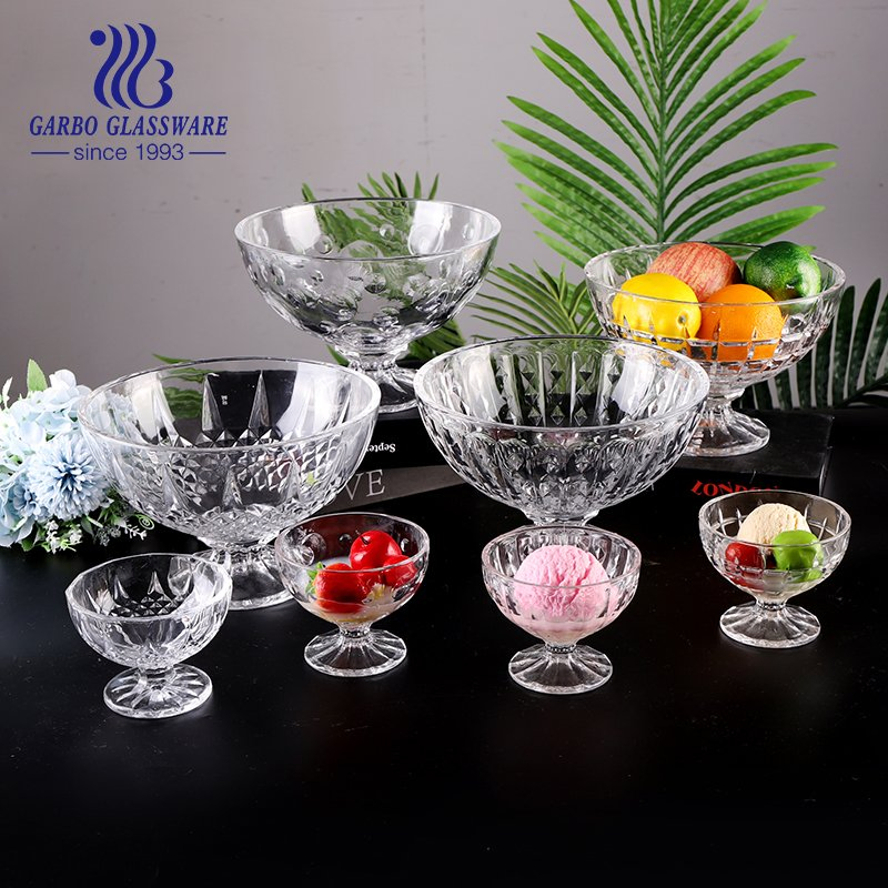 Transparent Engraved Glass Ice Cream Cups and Fruit Salad Bowl Glassware Set