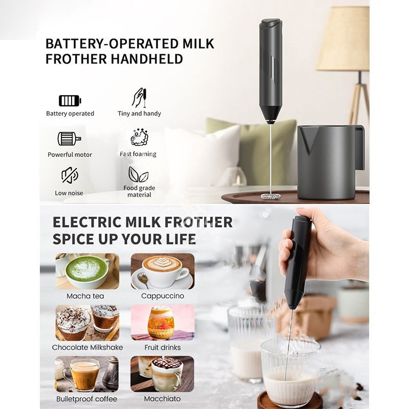 Powerful Milk Frother Wand - Mini Handheld Milk Frother with Stainless Steel Whisk - Battery-Powered Drink Mixer for Coffee, Lattes, Cappuccinos, Matcha--Black
