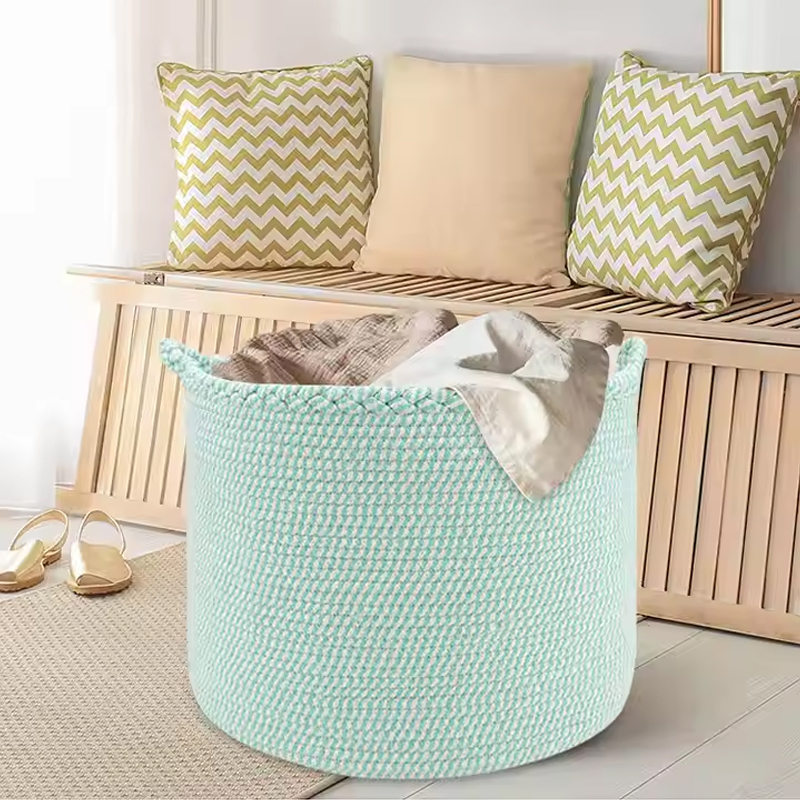 Decorative Fashion Foldable Woven Laundry Cotton Rope Storage Basket with Handles