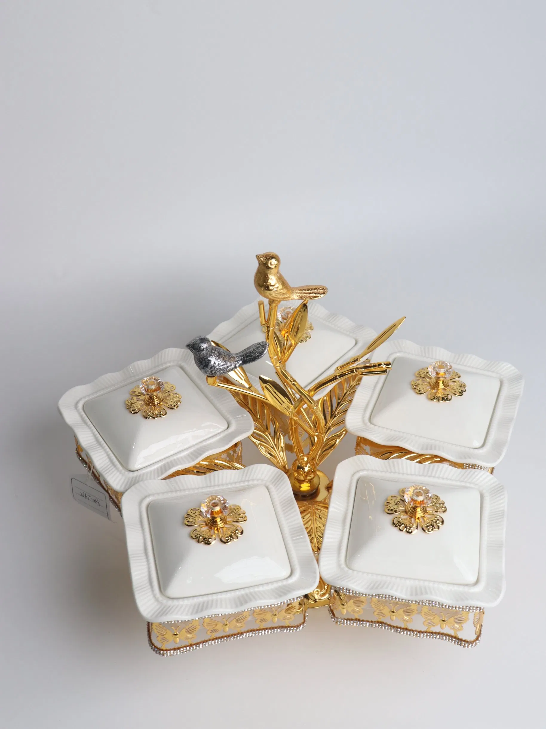 Home Ornament Gold-Plated Iron Frame with 5 Square Ceramic Bowl