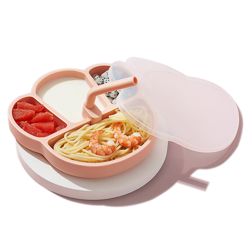 Baby Dinner Plate Sucker One-Piece Partition Plate Baby Silicone Straw Bowl Eating Training Spoon Children′ S Tableware Set