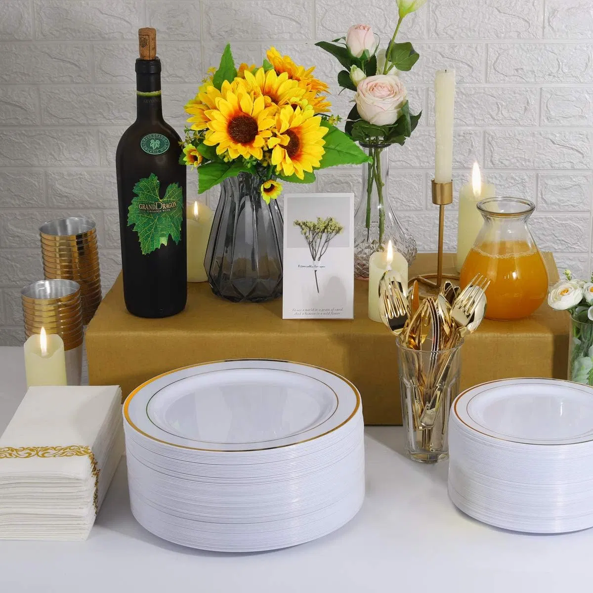 Gold Plastic Plates, Disposable Party Plates White Gold Rim Disposable Gold Dinner Plates 10.25 Inch and Disposable Dessert Appetizer Plates