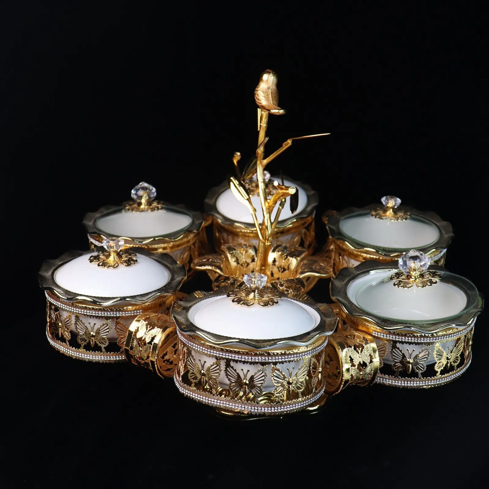 Home Ornament Gold-Plated Iron Frame with Large Size 6-Panel Gold Ceramic Bowl