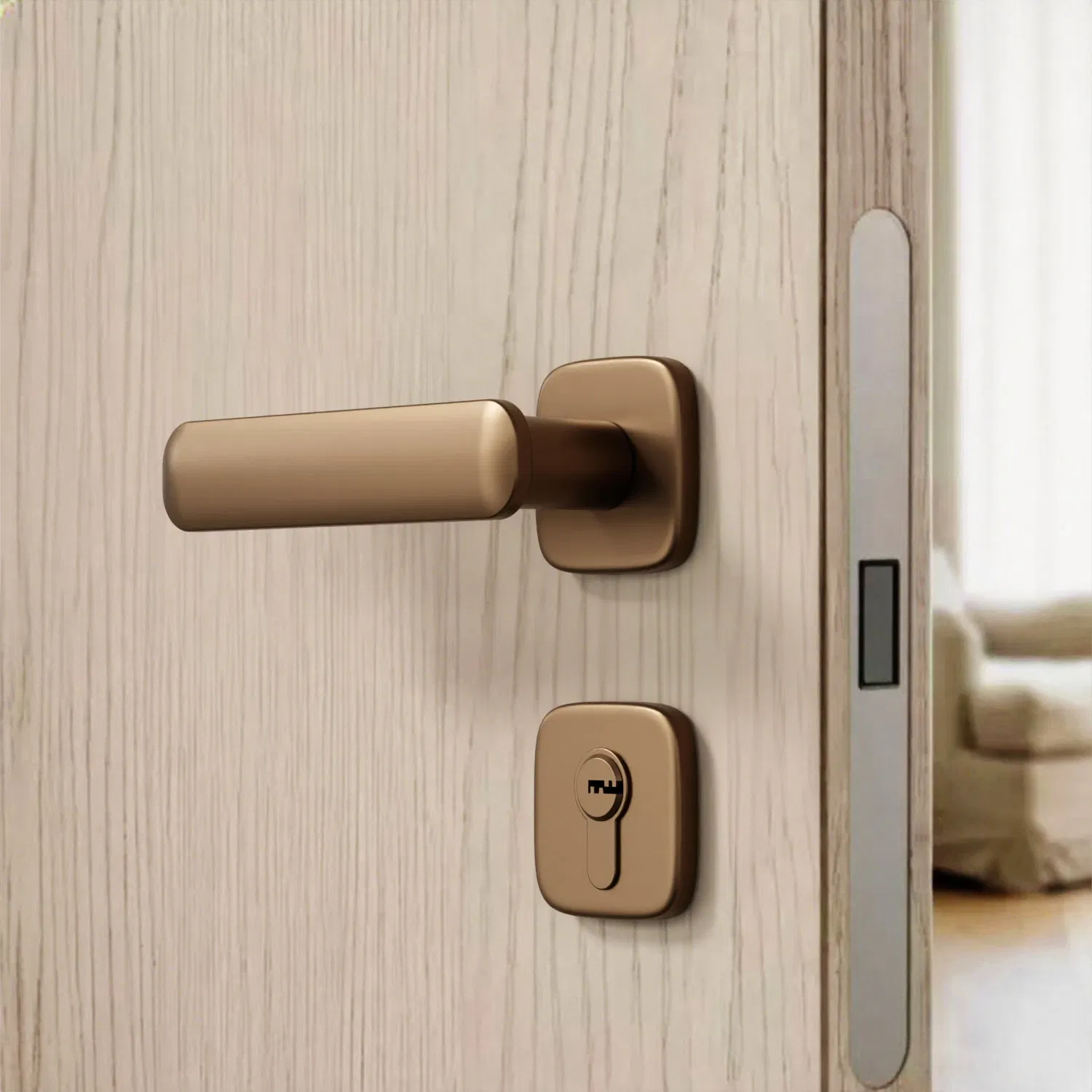 Chinese Factory Luxury Satin Flat Design Tea-Gold Brushed Zinc Alloy Lever Door Handle on Square Rosette for Interior Wooden Door Handle OEM/ODM