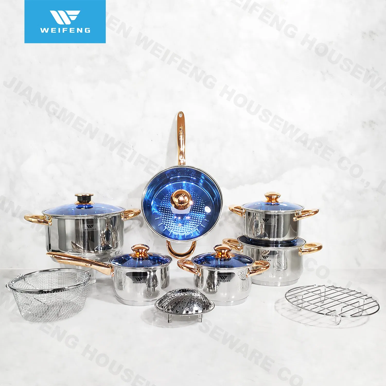 15PCS Stainless Steel Cookware Set with Golden-Plated Handle, Thermometer Knob