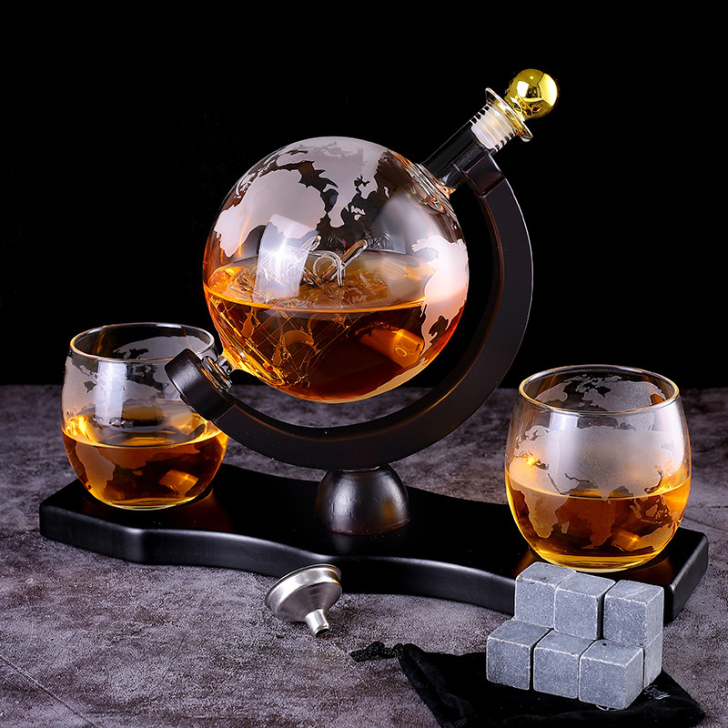900ml Glass Globe Whiskey Decanter Set with Matching Glasses and Bar Funnel for Wine Vodka